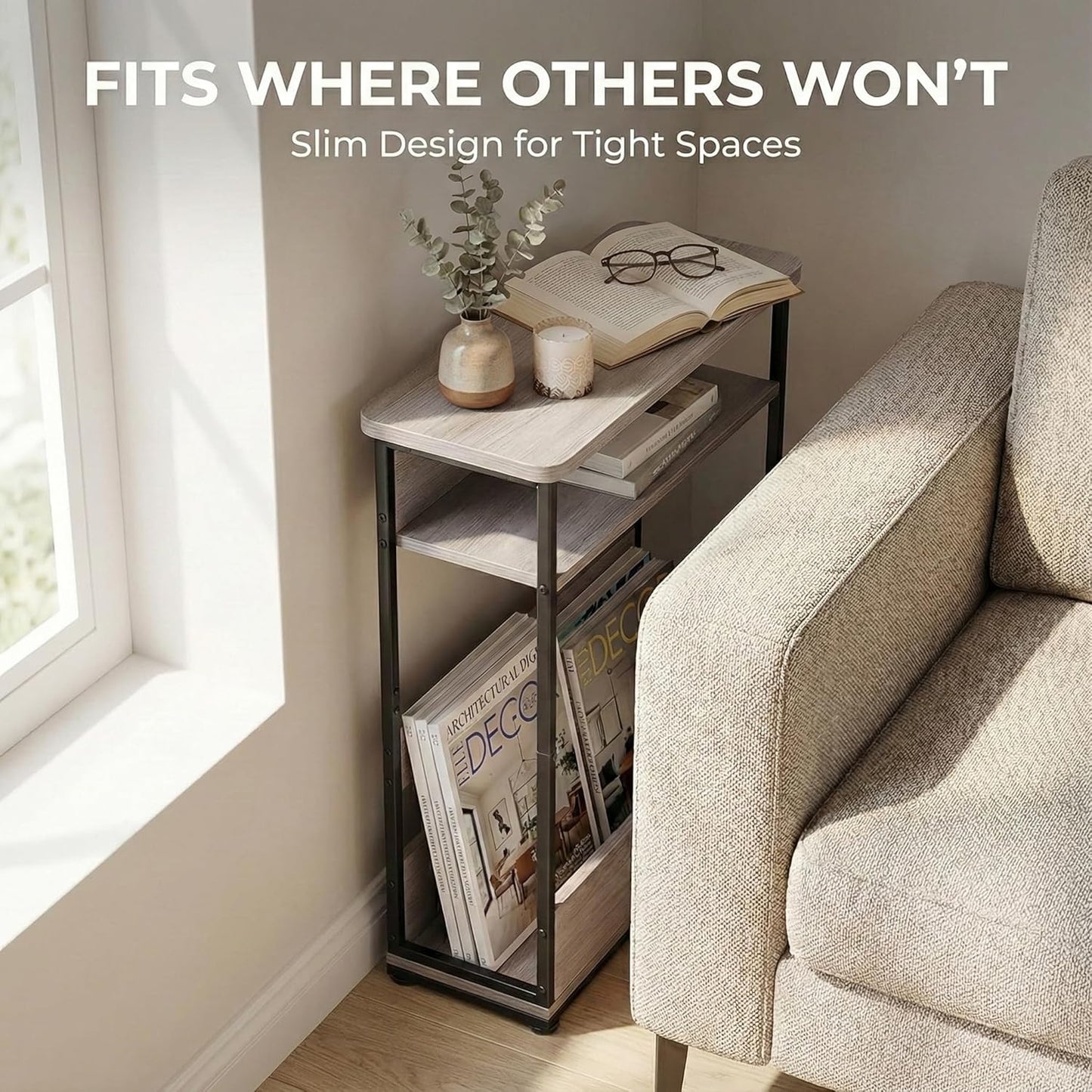 Narrow Side Table,3-Tier Slim End Table with Storage Shelf,Modern Sofa Table Thin Side Table for Narrow and Small Spaces, Skinny Bedside Table Small Nightstand with Magazine Rack Space Saving/Oak