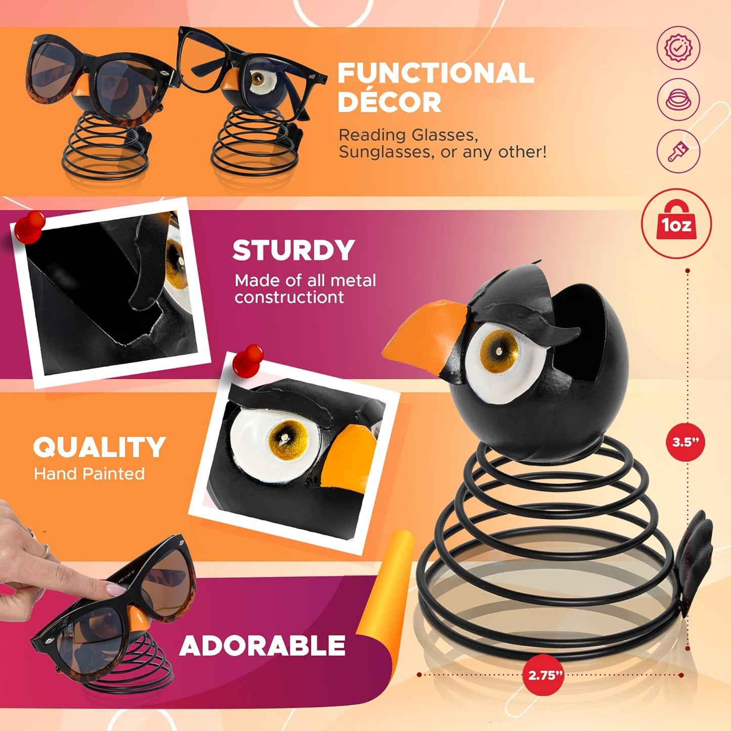 Made Easy Kit Owl Design Eyeglasses Holder Stand - Bobblehead Rack for Sunglasses and Specs - Fun Decorative Eyewear Spectacle Display Riser (Owl White)