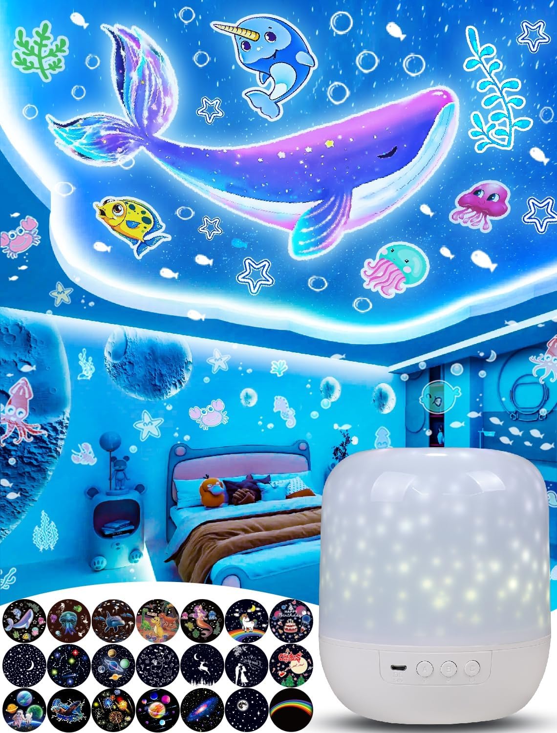 21 Sets of Films, Projector Night Light for Kids, Light Projector for Kids Room, Ceiling, Star Galaxy Projector with 360° Rotation Dimmable for Baby Girls, Birthday, Christmas, Nursery, Room Decor