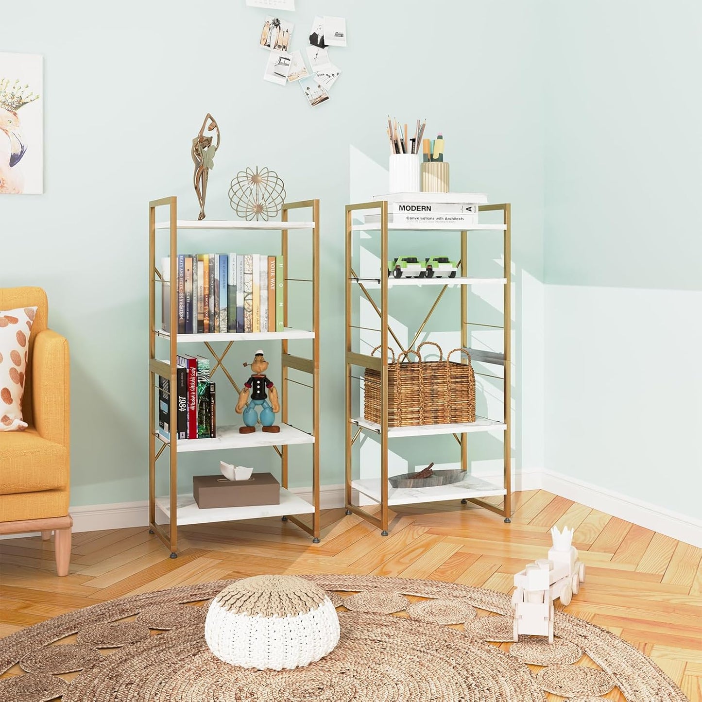 4 Tiers Bookshelf Adjustable White Faux Marble Organizer, Modern Small Bookcase for Small Space,Industrial Wooden Storage Display Rack and Storage Organizer for Living Room Home Office(Glod)