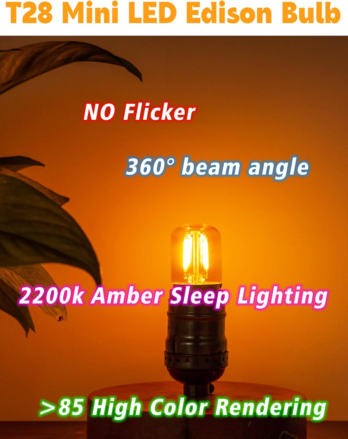 E26 Amber Night Light Bulbs, 2w 200lm Low Wattage Sleep Light Bulb (15W Equivalent), 2200k Warm T28 Mini LED Edison Bulb, E26 Medium Base for Decorative Bulbs Oven Wall Sconces Lights, 4 Pack