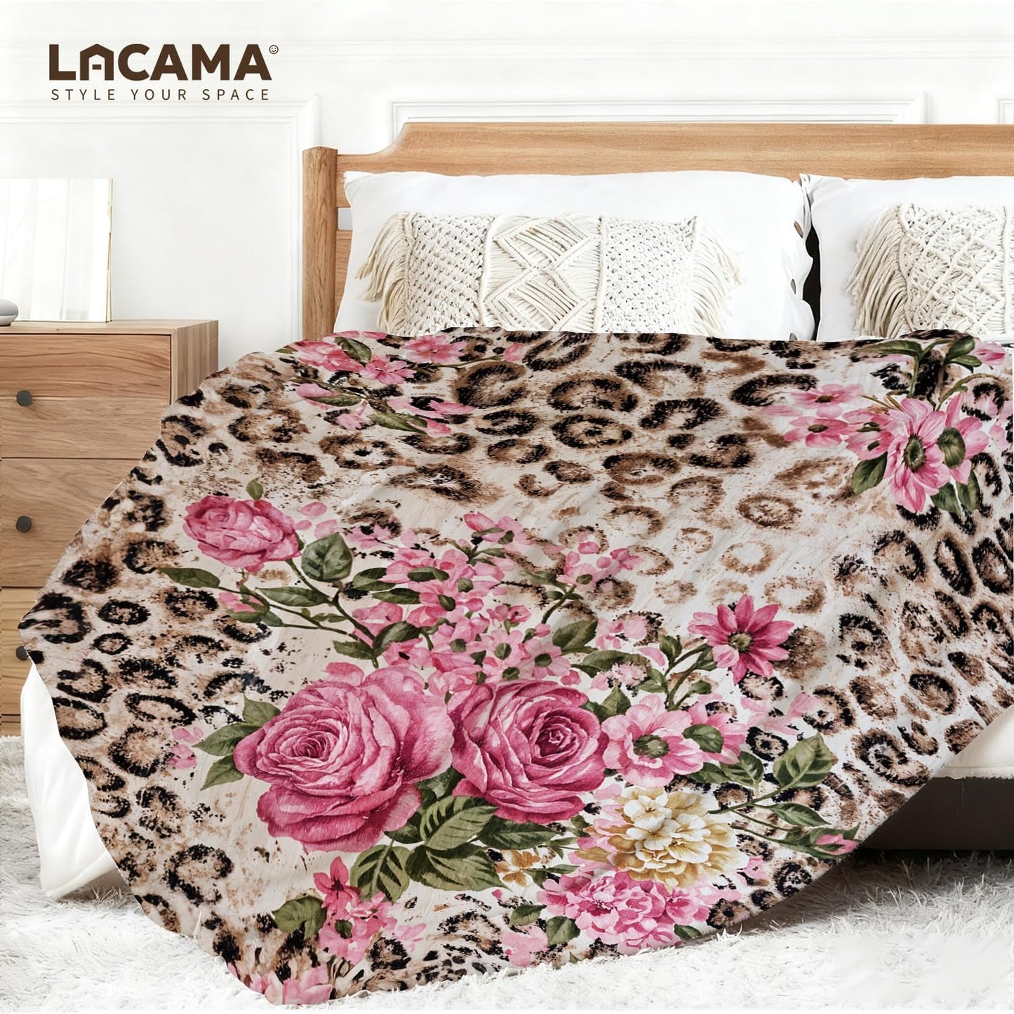 Lacama Leopard Print Throw Blanket Gifts for Women, Pink Floral Leopard Blanket Lightweight Flannel for for Couch Office Travel,Home Living Room Fashionable Decor 60x50inch