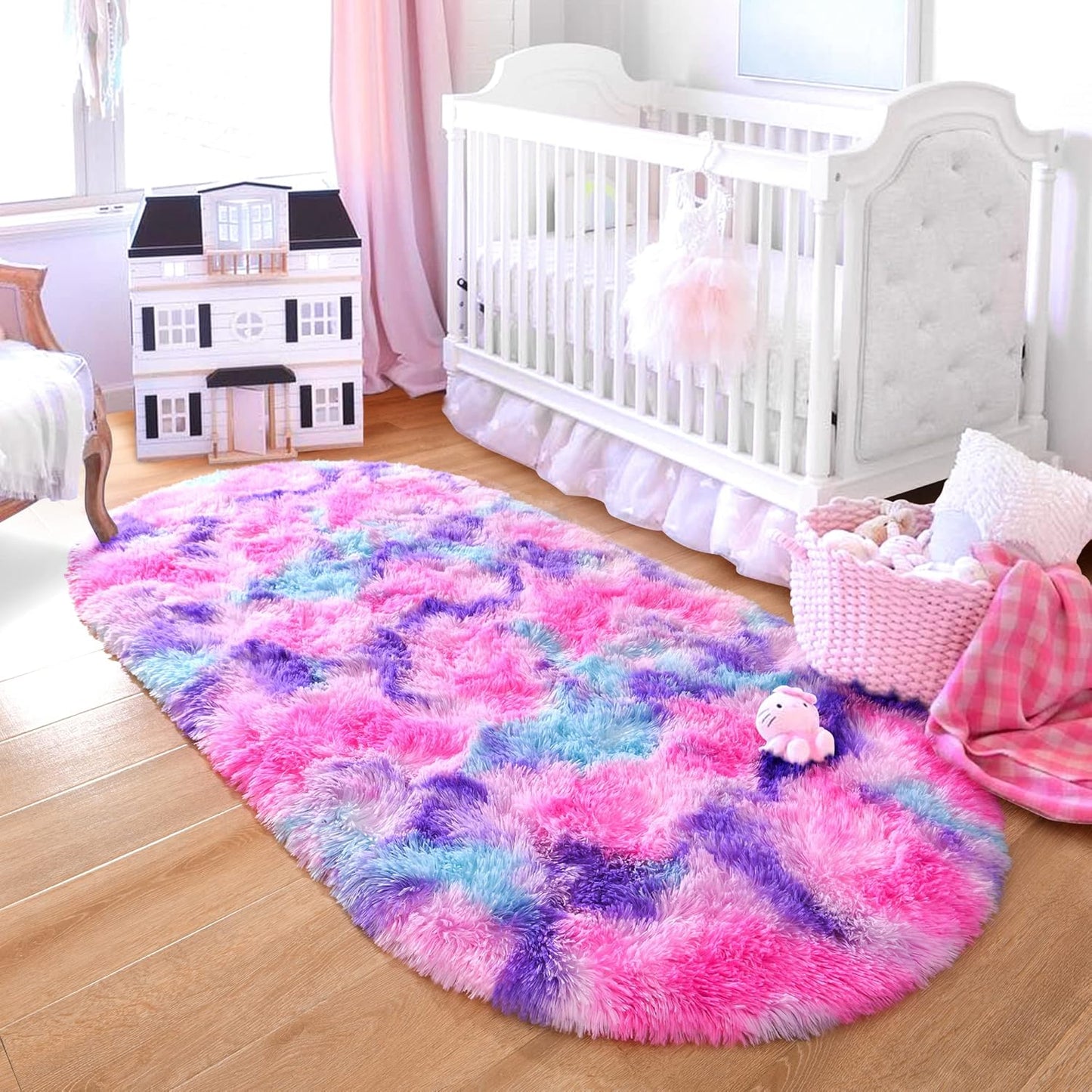 junovo Ultra Soft Washable Shaggy Rug - Non-Slip Oval Carpet for Nursery, Kids Bedroom & Home Decor (2.6x5.3ft Tie-Dye Hot Pink) | Plush Fluffy Floor Mat for Cozy Living Spaces