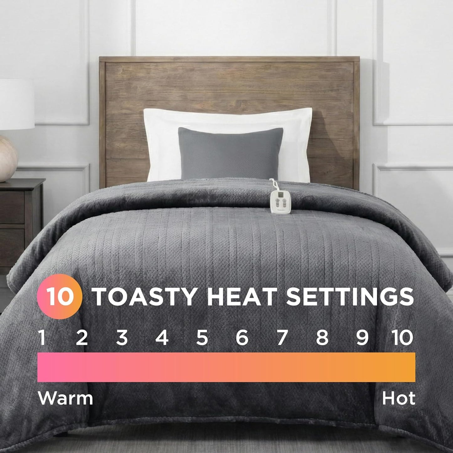 Brookstone Electric Heated Comfort Plush Herringbone Blanket w/ 10 Heat Settings - Adjustable Timer - Dryer Safe - Twin Blanket - Gray