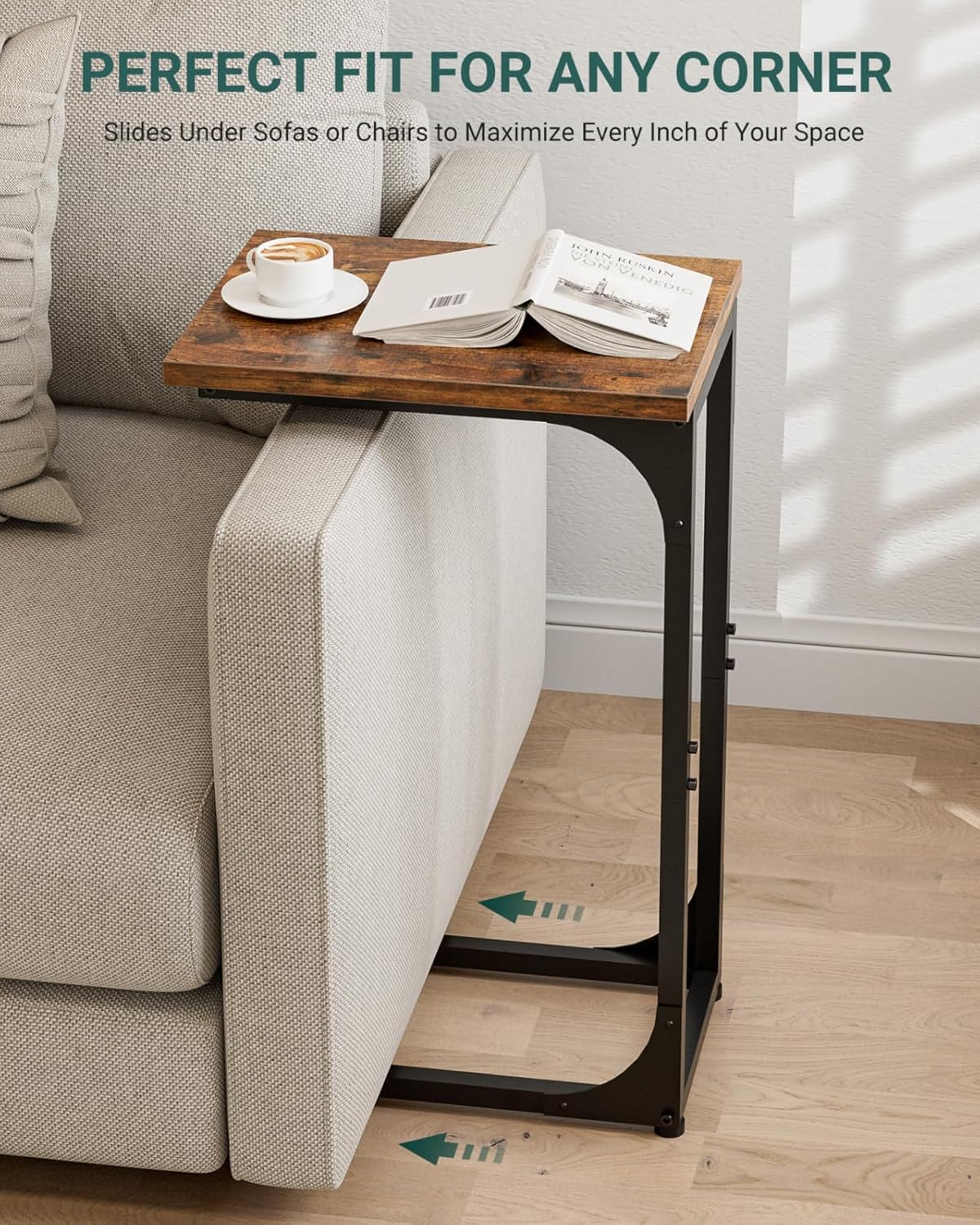 C-Shaped Side Table for Couch - Small Coffee Stand Sofa Tray Desk with Metal Frame and Waterproof Scratch Resistant, Modern End Accent for Living Room, Bedroom, Small Spaces, Rustic Brown