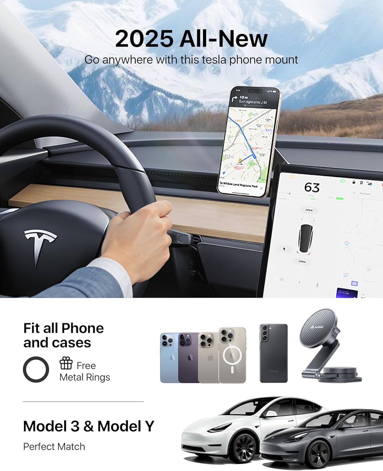 andobil Upgrade Tesla Phone Mount [Strong Magnet & Foldable] MagSafe Car Mount for Tesla New Model Y Juniper Model 3, 360° Adjustable Tesla Phone Holder fits iPhone 17 16 15 Pro Max, Tesla Accessories