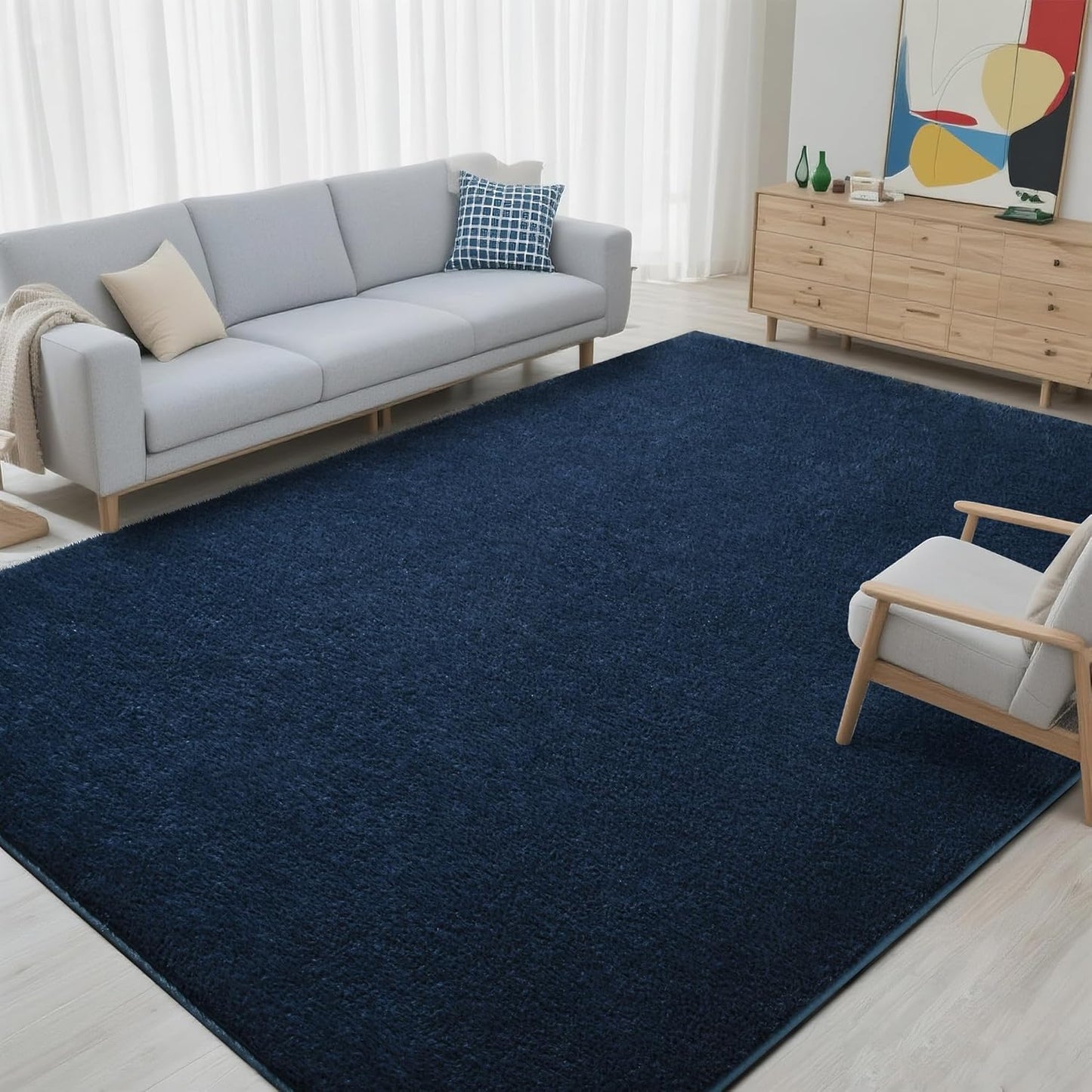 Foxmas 5x7 Area Rugs for Bedroom Living Room, Navy Blue Soft Thickened Memory Foam Carpet, Non-Slip Washable Indoor Modern Minimalist Shaggy Rug for Boys Girls Dorm Home Decor