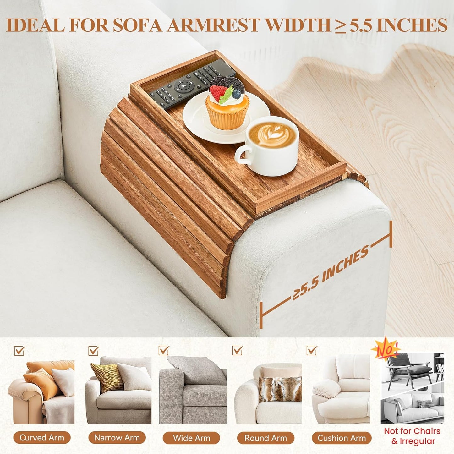 GEHE Acacia Wood Sofa Arm Tray, Foldable Couch Arm Tray Side Table, Anti-Falling Armrest Tables Cup Holder for Snacks, Drinks, Beers, Phone, Control, Flexible and Portable, Anti-Slip