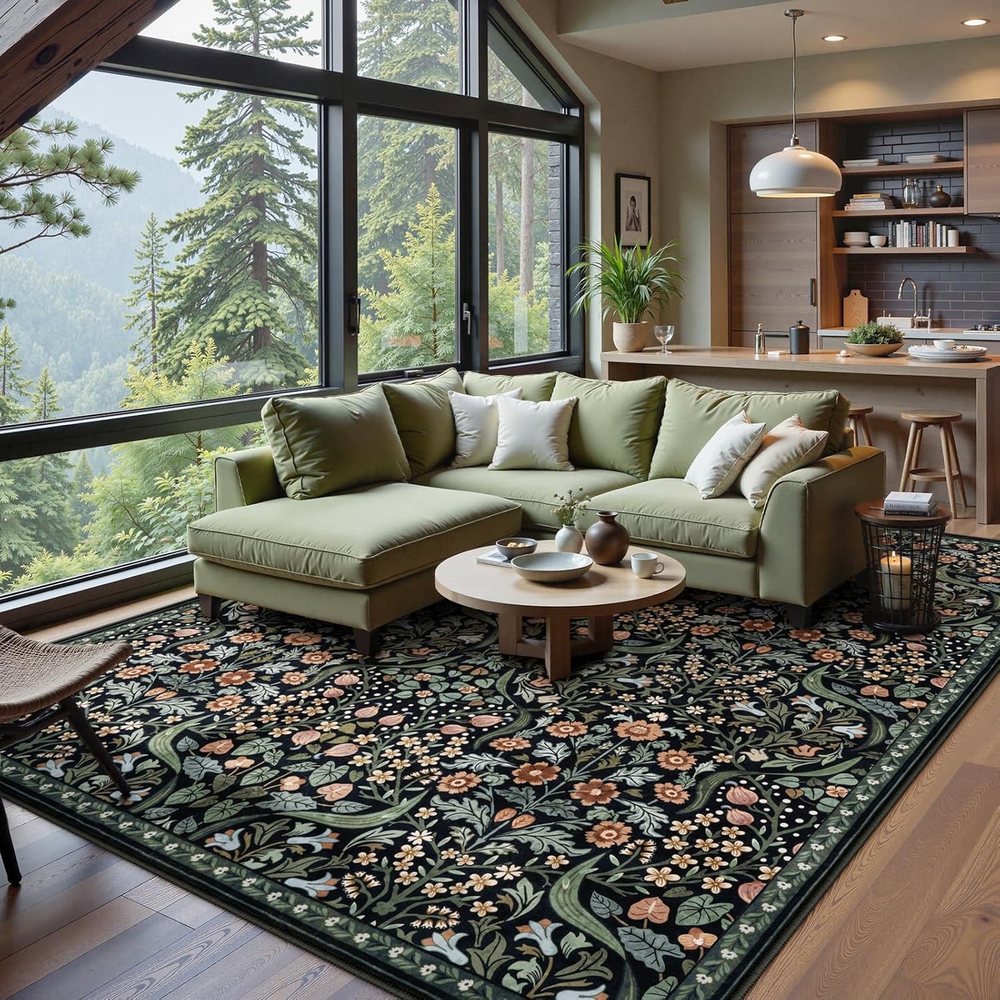 Moynesa Floral Washable Rugs, 8x10 Area Rug for Living Room, Soft Large Boho Bedroom Rug, Botanical Non Slip Ultra Thin Floor Carpet for Dining Room Nursery Office, Black