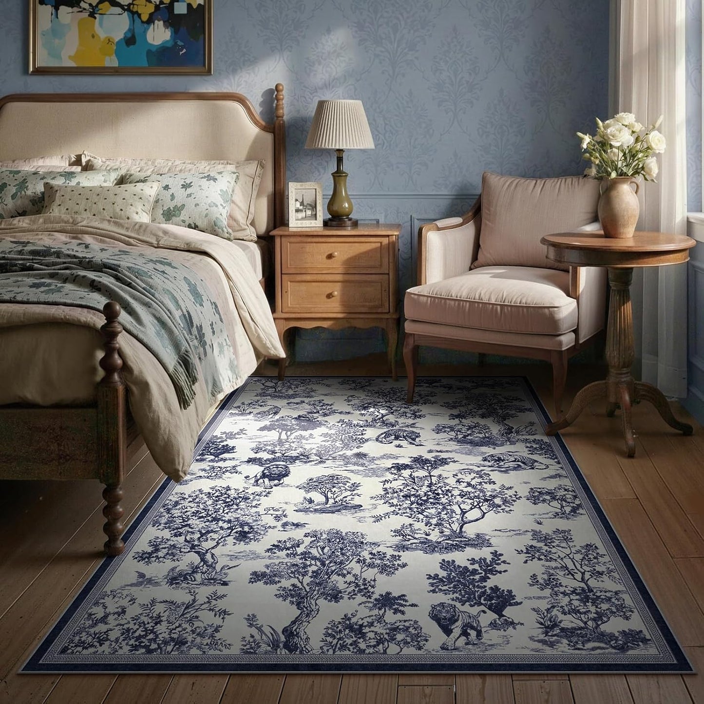 LIVEBOX 5x7 Area Rugs Toile Delft Blue Rug for Living Room, Washable Rug for Bedroom Dining Room Nursery Room, Soft Low Pile Non Slip, Vintage Animal Jungle Unique Classic Print Carpet Home Décor