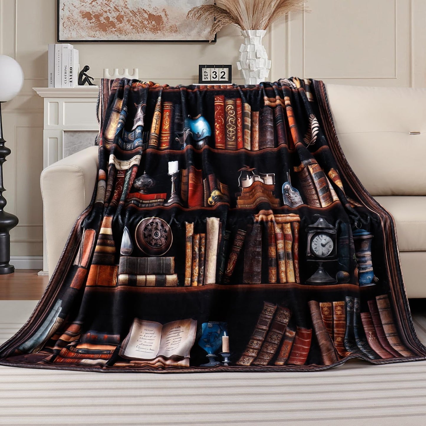 Vintage Bookshelf Throw Blanket Reading Book Blanket for Book Lovers Lightweight Warm Cozy Fuzzy Plush Flannel Blanket Library Bookcase Throw Blanket for Bed Chair Couch 50" X 60"