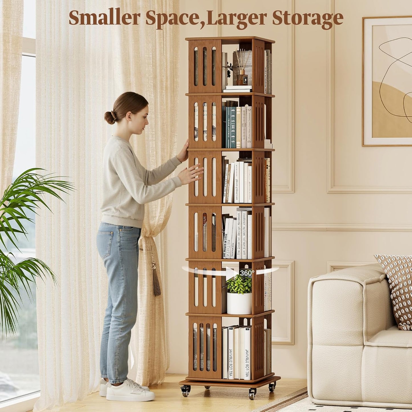 6 Tier Rotating Bookshelf Tower on Wheels, Wood Spinning Bookcase, Bamboo Revolving Book Shelf, Narrow Bookshelves for Small Space, Corner, Bedroom, and Living Room - Walnut