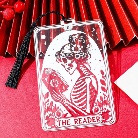 1Pc Translucent Gothic Skull Bookmarks for Women Readers - “Reader” Themed Acrylic Bookmark with Tassel for Nurses, Retirees, Men Gifts, Book Page Accessories, Reading Markers (Women Reader)
