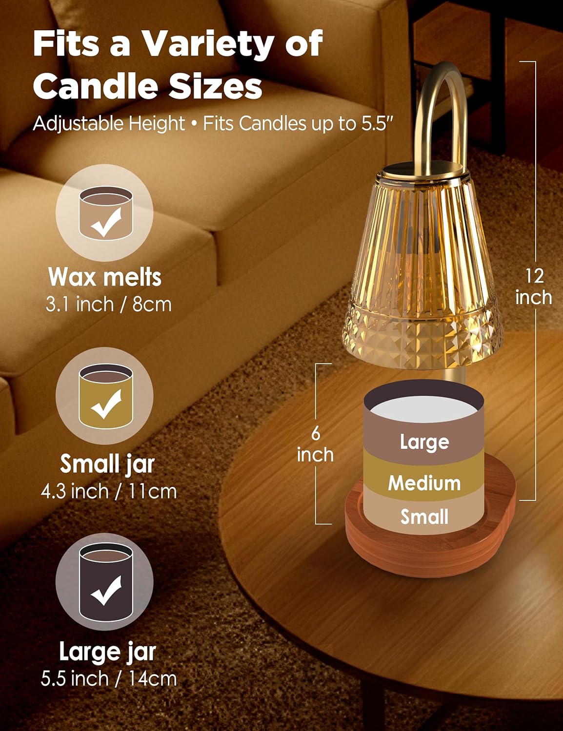 TATAANTY Candle Warmer Lamp with Timer Dimmable, Height-Adjustable Candle Warmer with 2 Bulbs, Melt Wax Warmer Lamp, House Warming Gifts New Home,Gifts for Women, Golden Glass Shade, Wood Base
