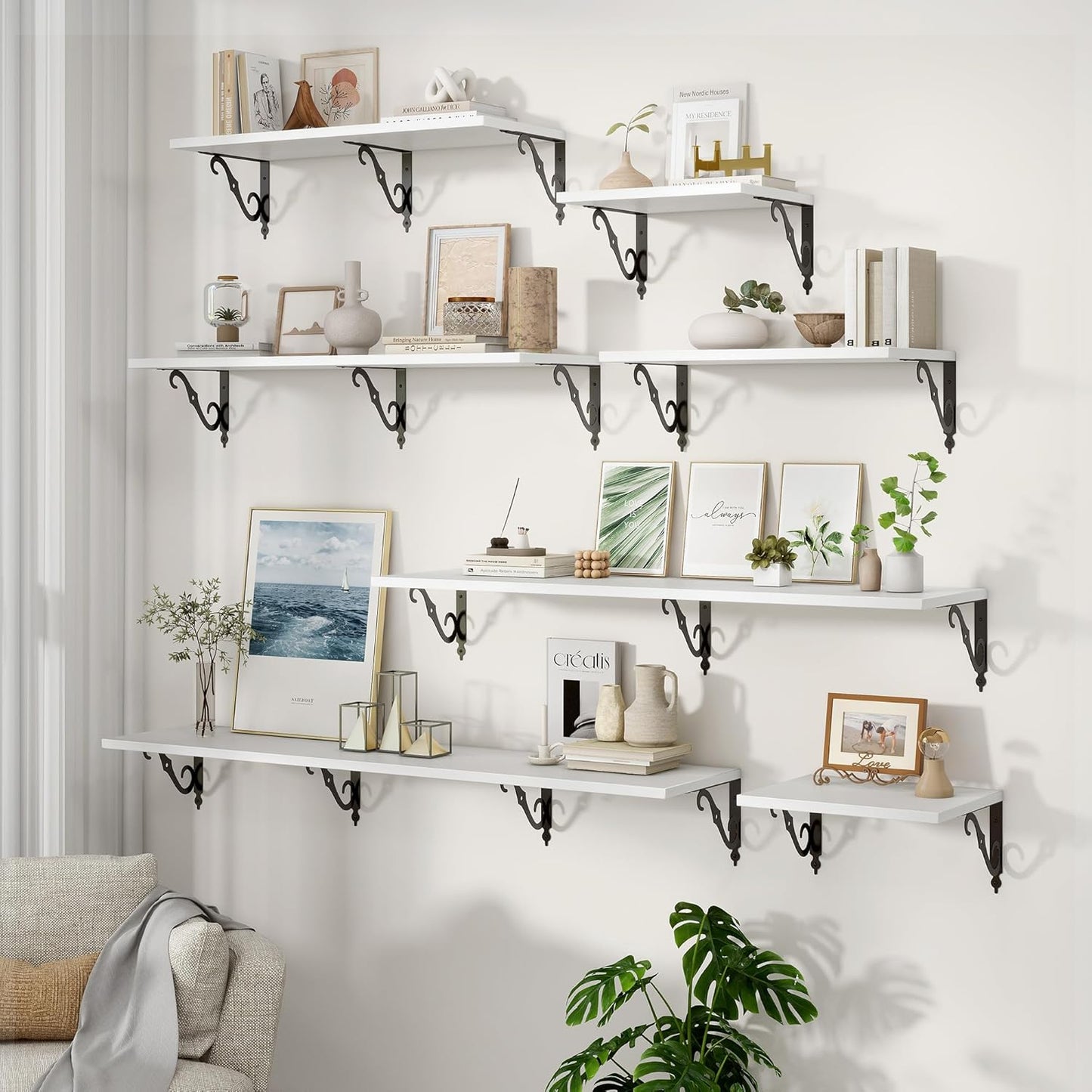 Fun Memories 40 Inch Floating Shelves Wall Mounted, 12 Inch Deep Wall Shelves with Bracket, Rustic Hanging Bookshelf, 40" Bookshelves for for Living Room, Kitchen and Bedroom, White, Set of 2