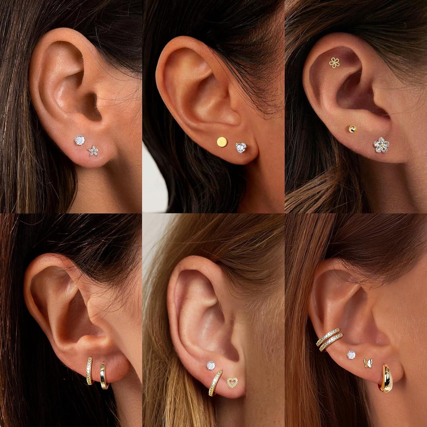 Small Gold Stud Earrings Set for Women - 14K Gold Plated CZ Huggie Hoops Hypoallergenic Earrings Dainty Flower Heart Stud Earrings for Jewelry Gift