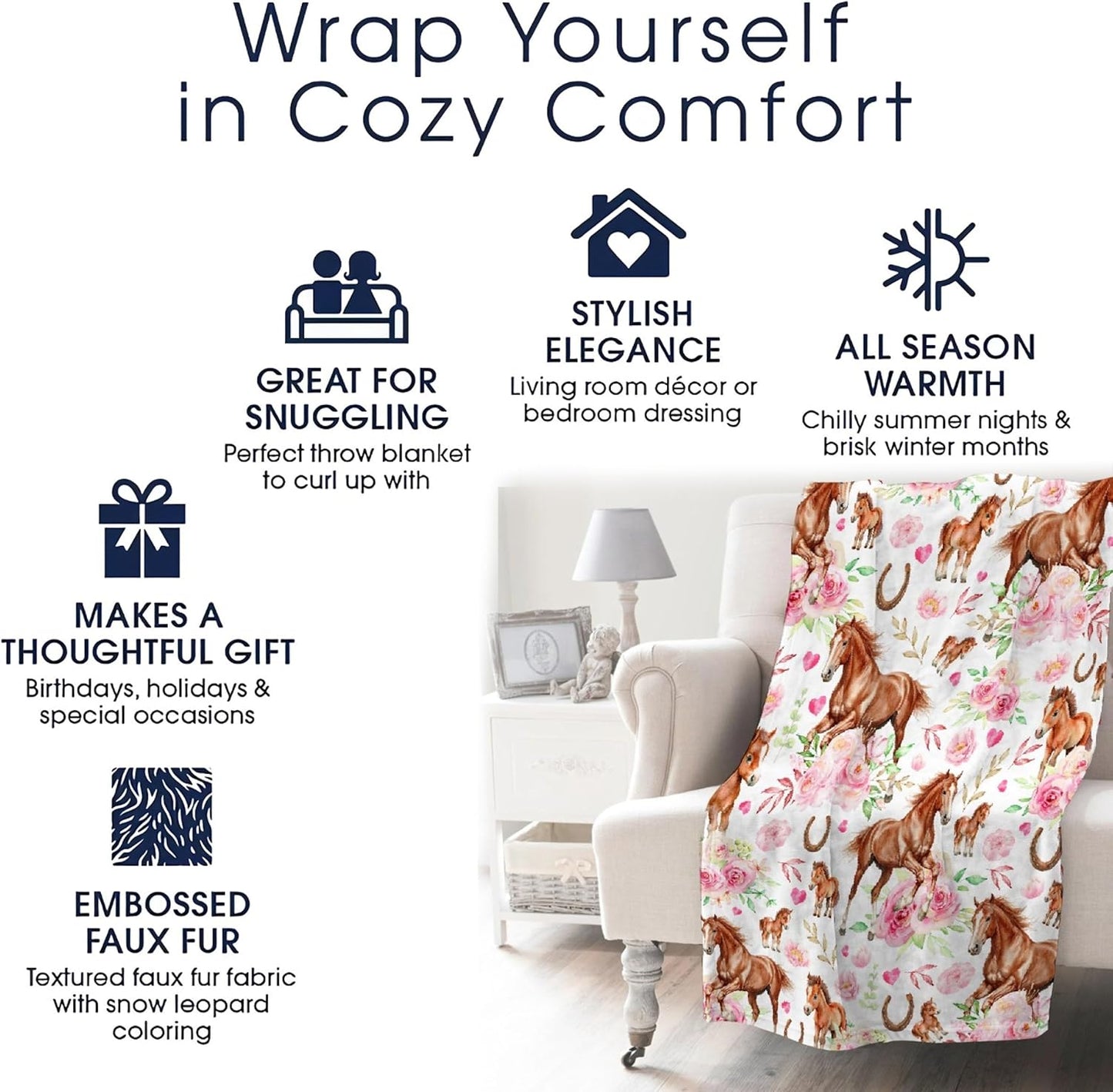Horses Floral Blanket Gifts for Boys Girls, Ultra Soft Horse Throw Blanket, Lightweight Horse Stuff Warm Plush Throw for Couch Travel 40"x50" for Kids