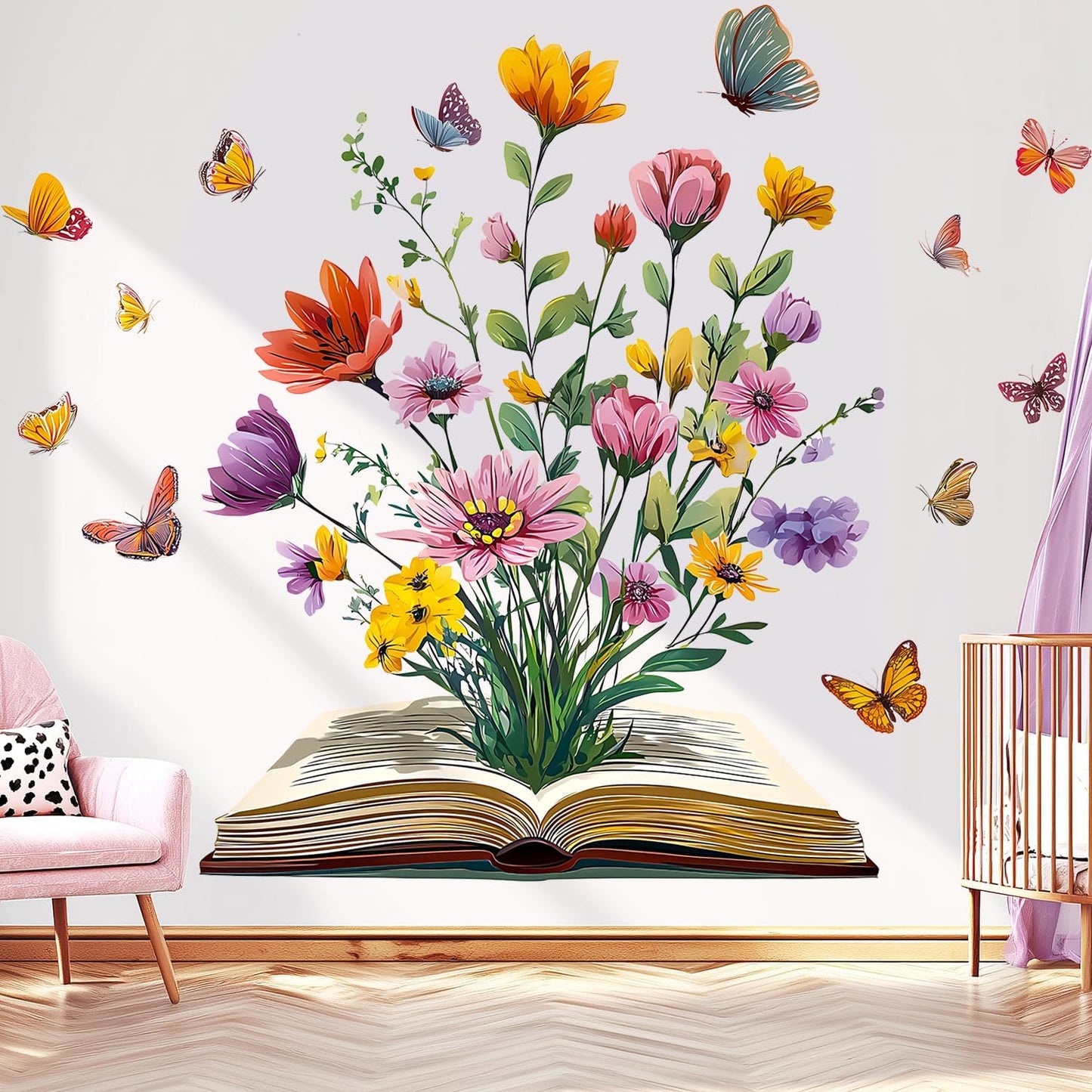 Book Flower Wall Decals Peel and Stick, Floral Butterfly Wall Stickers, Removable Vinyl Art Wall Decor for Kids Room Library Study Reading Nook Bedroom Classroom School Home Decoration