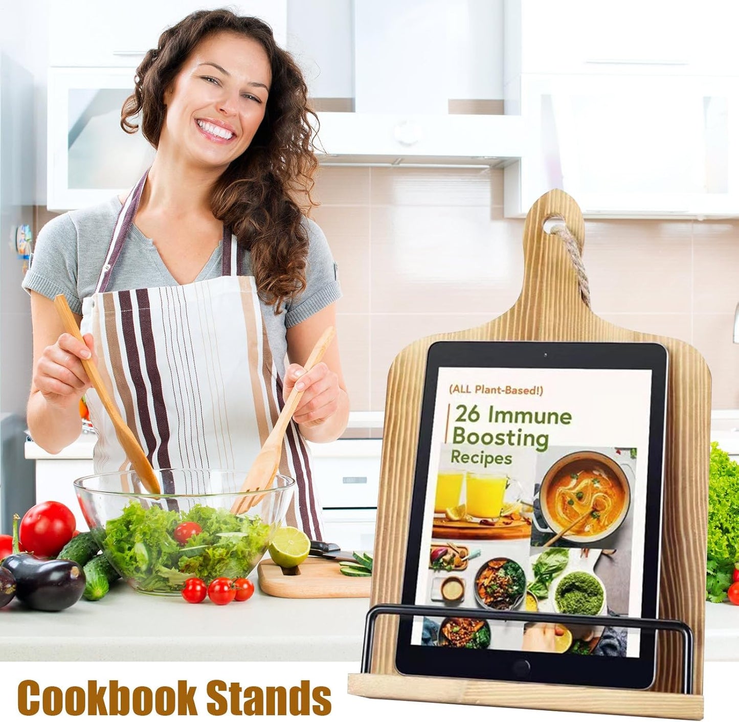 Cookbook Storage Organizer - Sturdy Wooden Shelf, Durable Recipe Book Holder, Christmas Housewarming Gift, Countertop Kitchen Rack, Natural Timber Finish, Aesthetic Culinary Display Stand