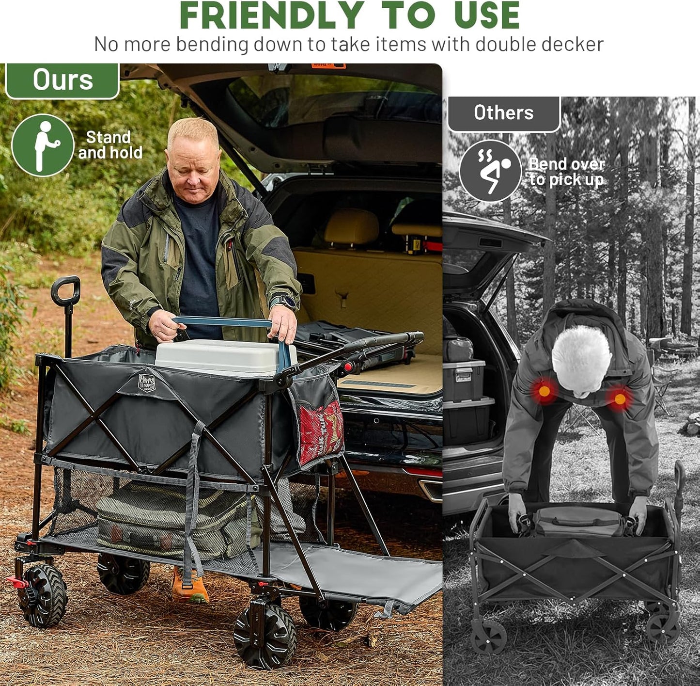 TIMBER RIDGE Push & Pull Double Decker Wagon, 400L Large Capacity Heavy Duty & 450lb Load, Collapsible Cart with All-Terrain Wheels & Brakes, 54” Extended Foldable for Sports, Beach, Camping, Grey