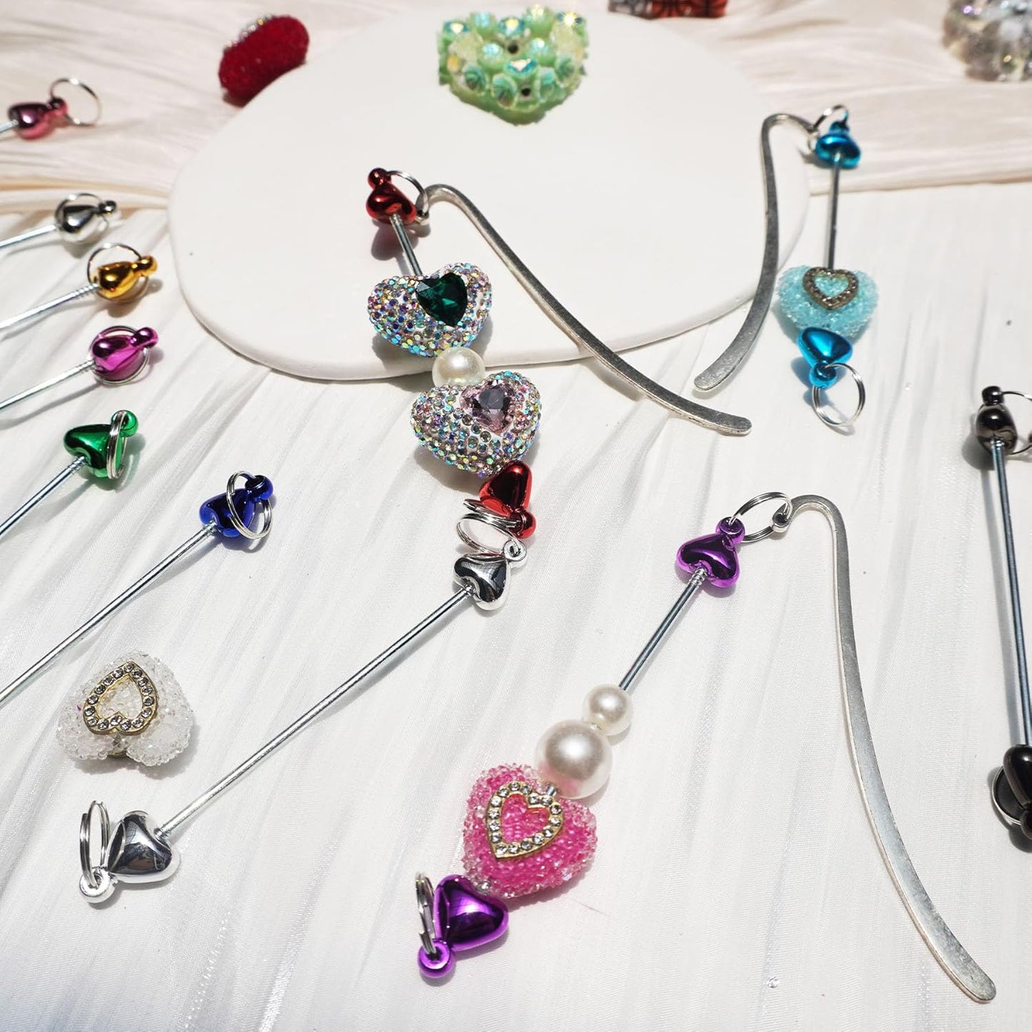 15 Pack Beadable Bookmarks with Blank Bar Bulk Love Heart Metal DIY Bookmark for Beads Jewelry Pendants Charms Beading Book Make Marks Craft Colorful