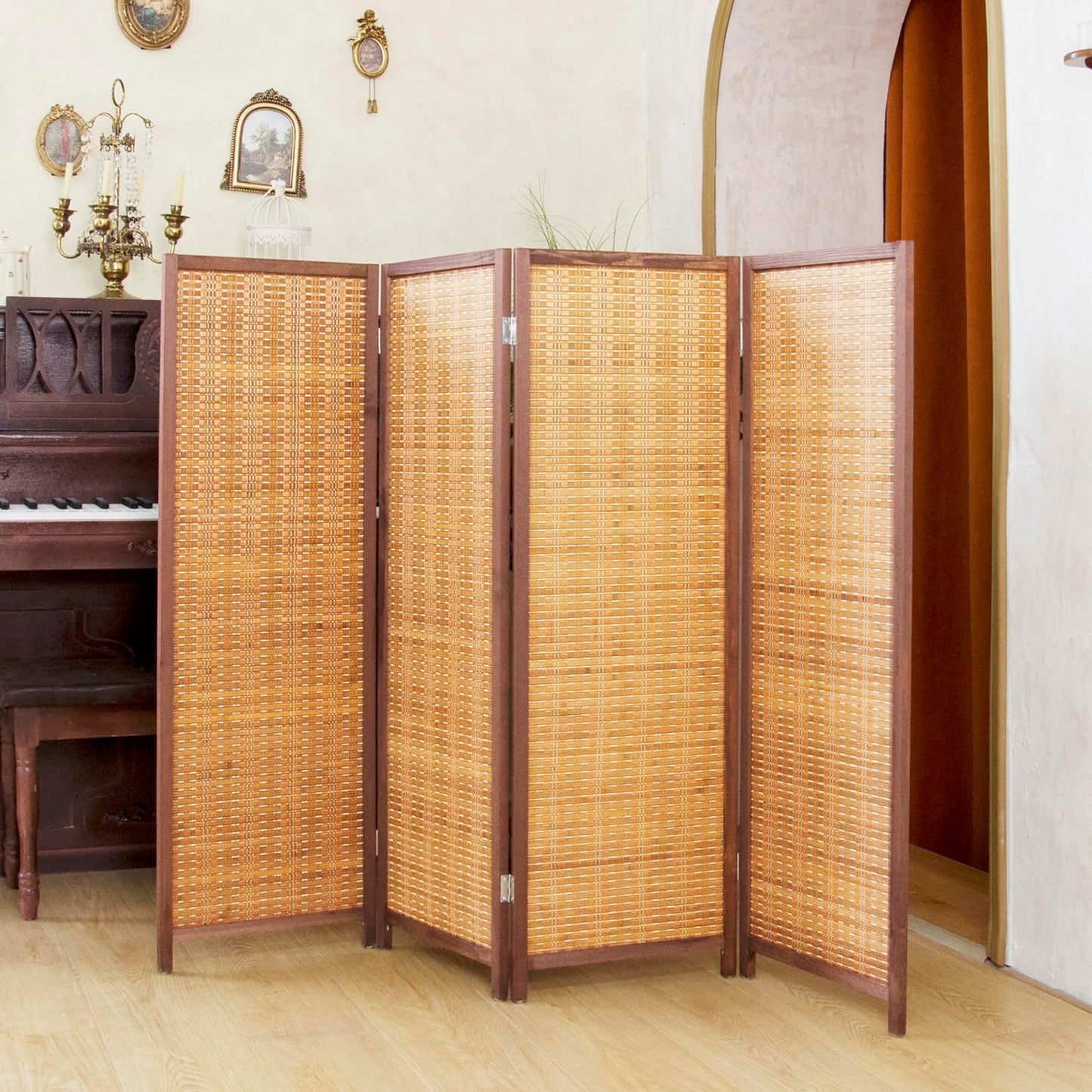 4 Panel Short Room Divider – 3.9 ft Tall Double-Side Folding Privacy Screen, Natural Brown Bamboo Partition Wall for Home Office, Living Room & Corner Spaces