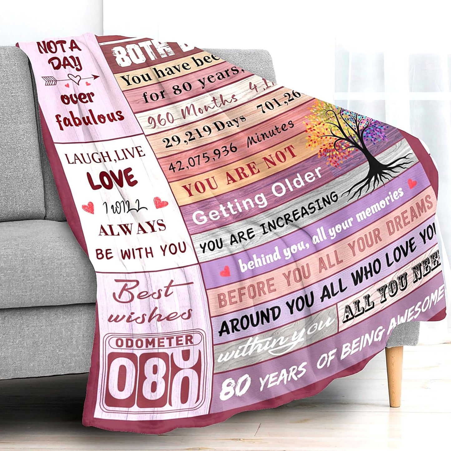 80th Birthday Gifts for Women Blanket, Happy 80th Birthday Gifts for 1945 Women, Colorful Tree Blanket Gift for 80 Year Old Woman, Soft Comfy Warm Plush Flannel Blanket for Sofa Couch Bedroom 60"X50"