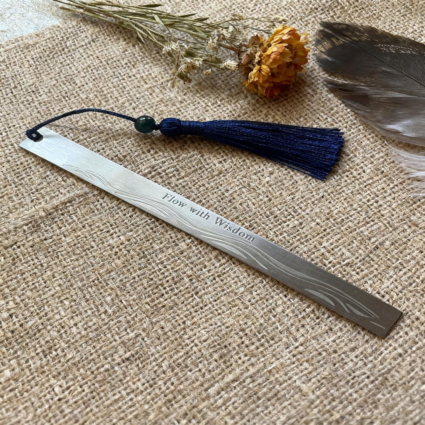 Stainless Steel Bookmark for Men - Flow with Wisdom Gift for Dad Husband and Book Lovers | Laser Engraved Metal Page Holder with Blue Tassel 5.9 Inches