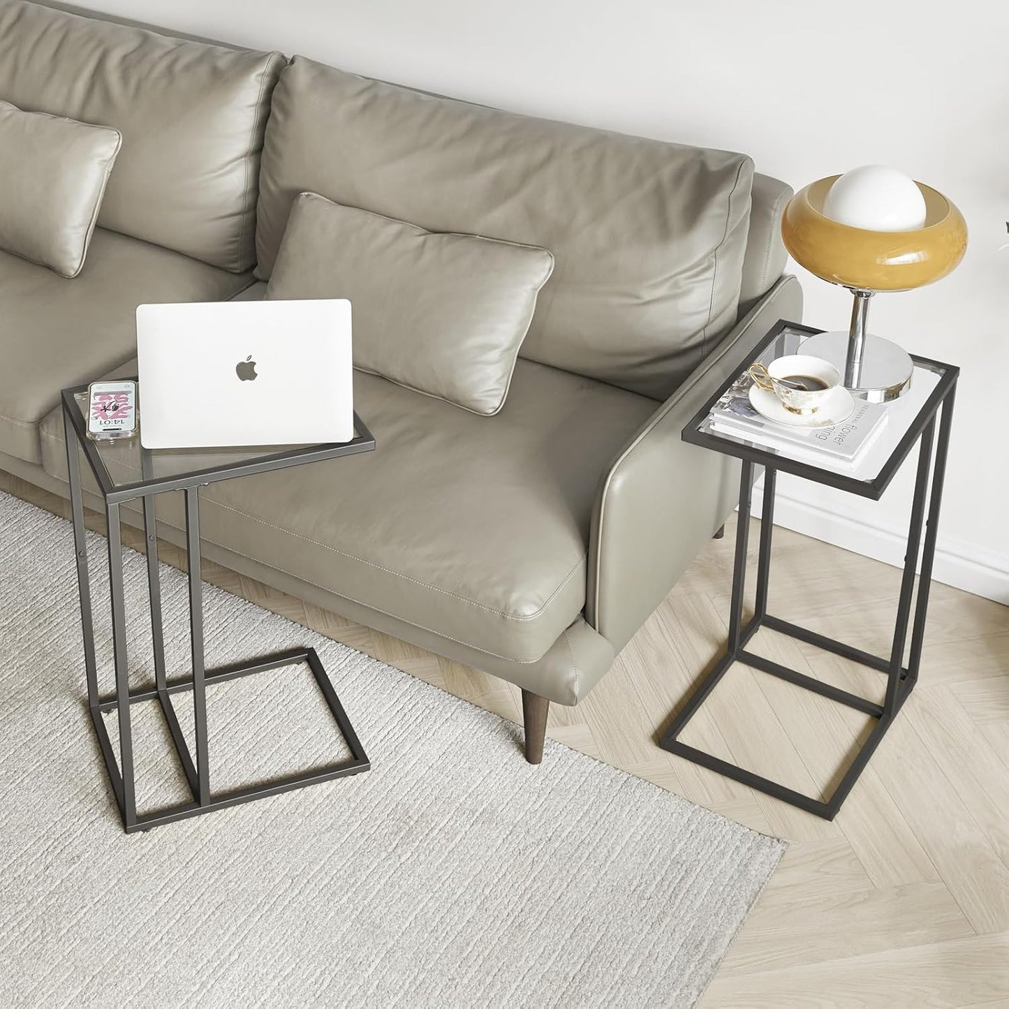 YMYNY C-Shaped End Table, Tempered Glass Sofa Side Table, TV Tray CouchTable That Slide Under for Small Space, Coffee Table for Hallway Office Bedroom Living Room, Metal Frame, Black, UHGD001B