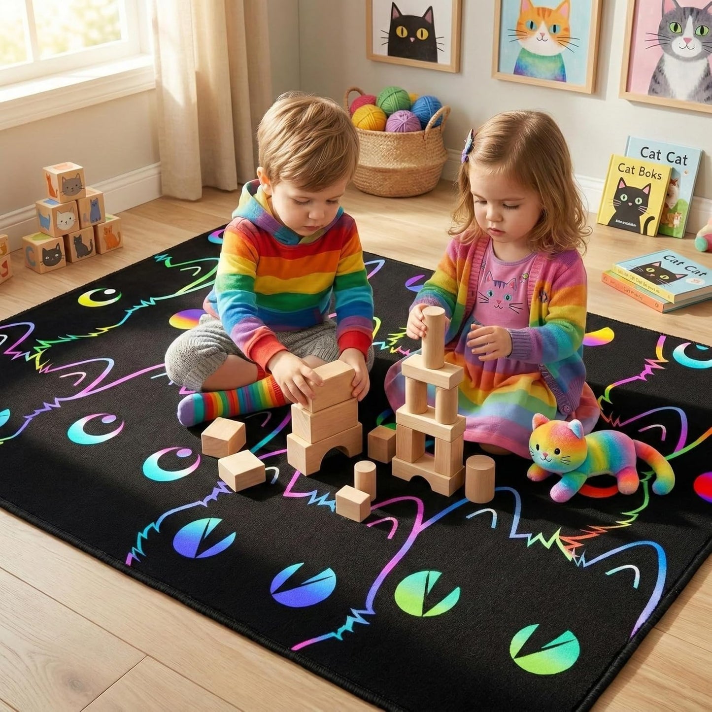 Black Cat Rug 2.5x4 Feet, Cute Cat Area Rug for Kids Room, Non Slip Cartoon Animal Carpet for Boys Girls Bedroom, Playroom, Nursery Home Decor