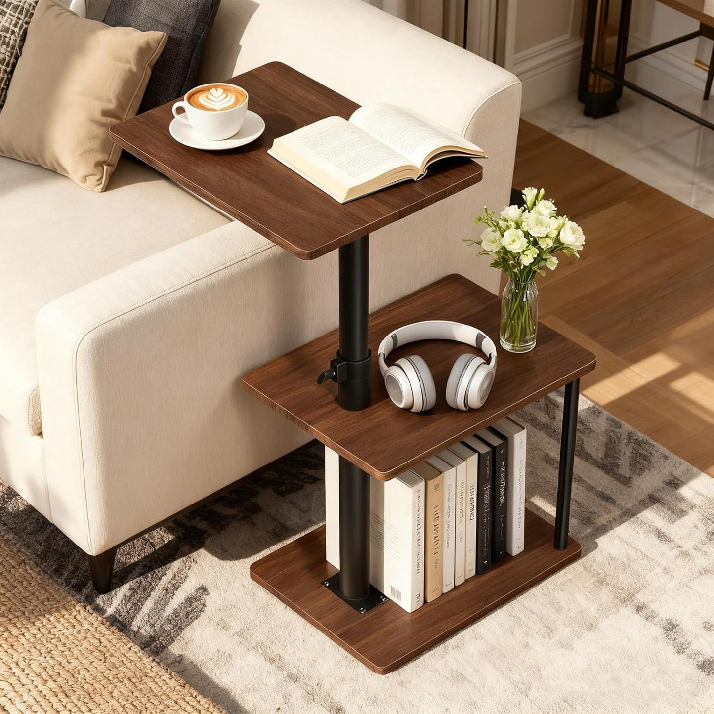 Swivel Side Table for Couch Arm, Height Adjustable C Shaped End Table for Recliner or Bed, Tv Trays with Storage Shelf for Small Spaces- Small Nightstand for Living Room, Bedroom