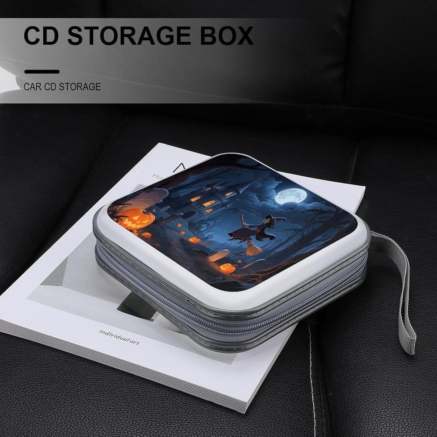 Orange Pumpkin Witch Scary Castle CD Case Portable Zipper CD Case 40 Capacity Hard Plastic DVD Cases Holder Large Storage Disc Wallet Bag for Car Home Travel DVD Collection Bag