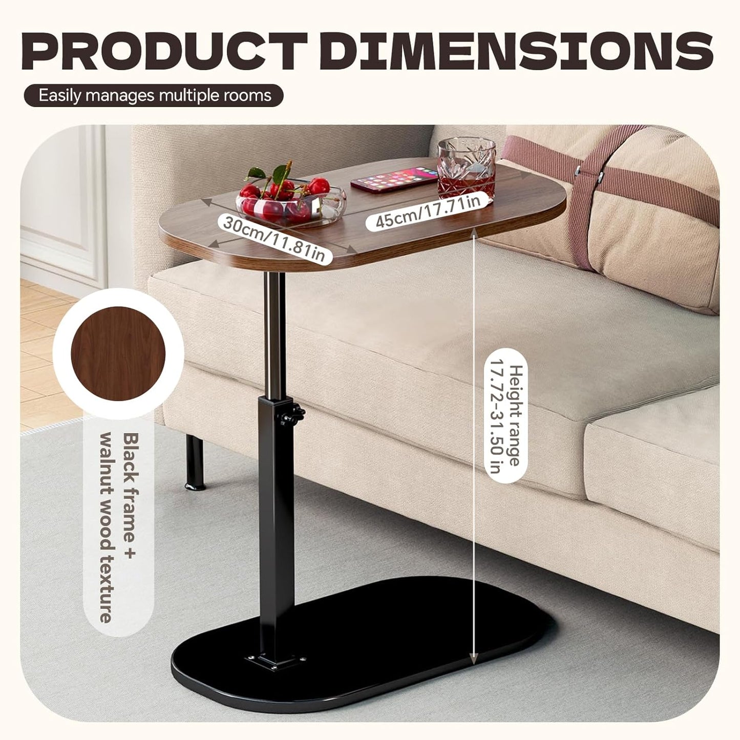 C-Shaped End Table, Adjustable Height Small Side Table for Couch, 360°Swivel Side Table Living Room and Bedroom for Sofa, Bed,Chair, Snack (Walnut)