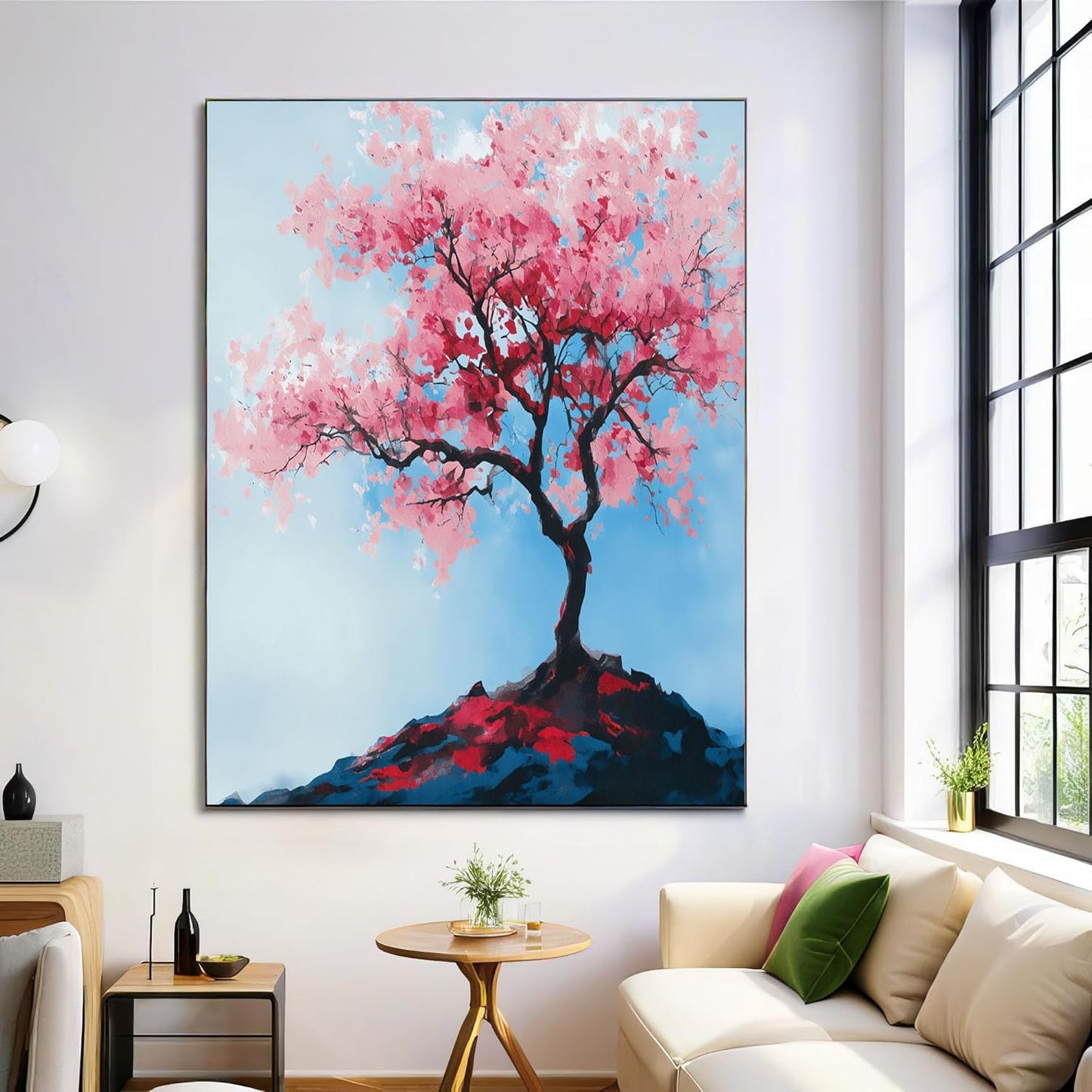 GDJSMIN Fantasy Ink Painting Wall Art, Pink Cherry Blossom Tree Poster For Reading Room Living Room Decor 16X 24 Inch Unframed