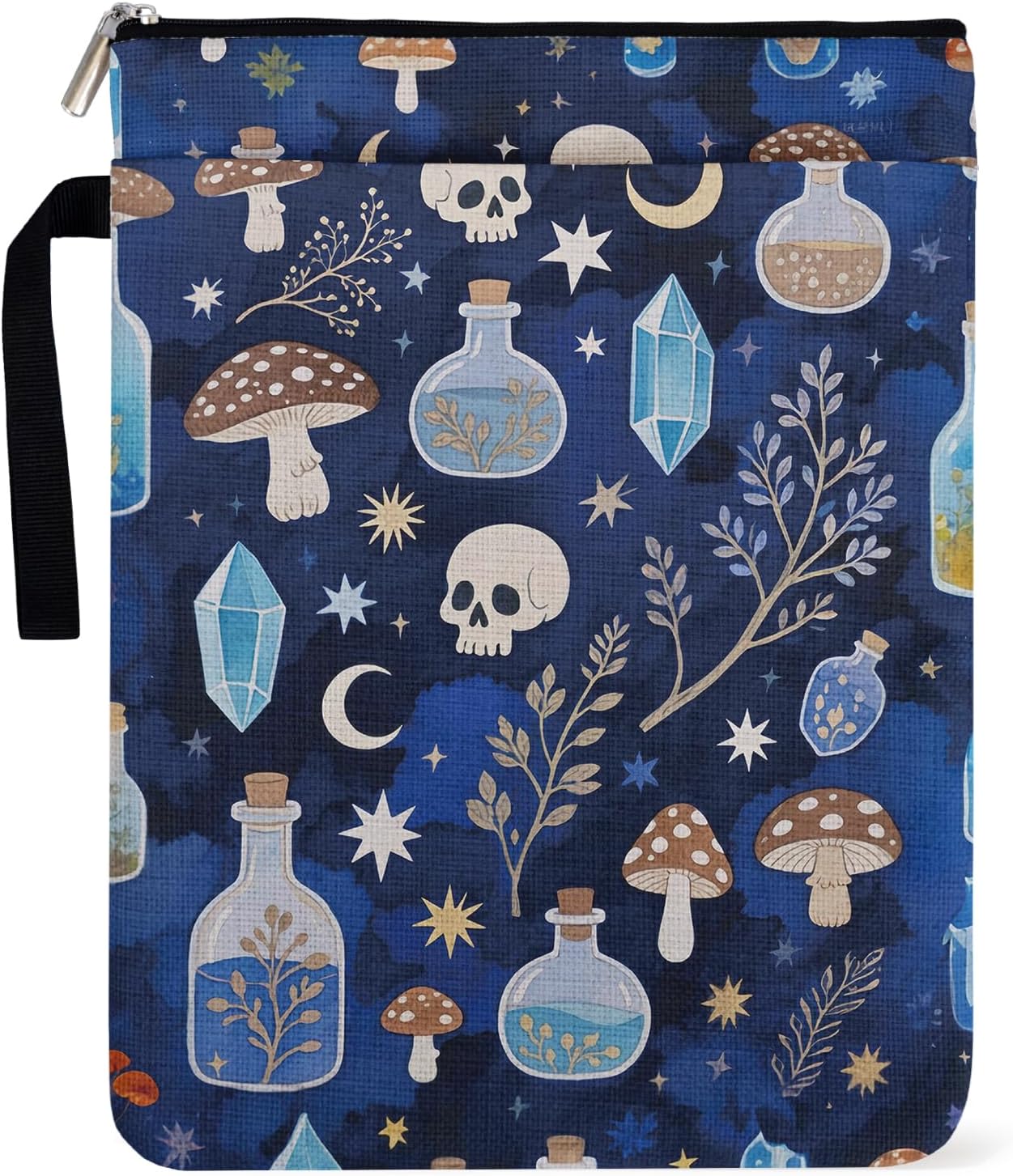 Gothic Magic Witch Pattern Book Sleeve for Book Lovers Librarian with Zipper and Handle, Halloween Skull Theme Bookcover Paperbacks Sleeve for Bookish, Group Club Gifts for Women