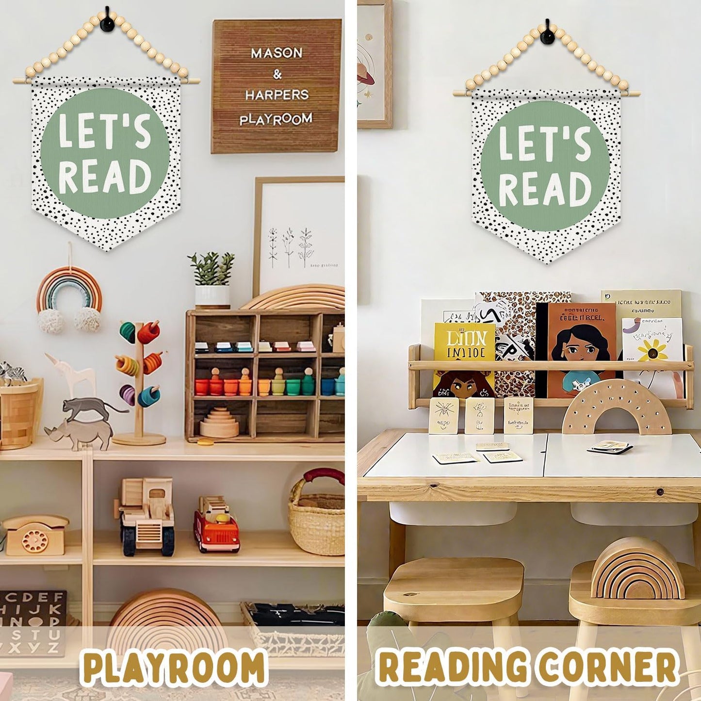 FLVGE Classroom Decor, Boho Classroom Must Haves Homeschool Canvas Banner, Boho Wood Beads Reading Nook Read Wall Art Decor Hanging Pennant Flag for Library Kindergarten Nursery Classroom,11x14