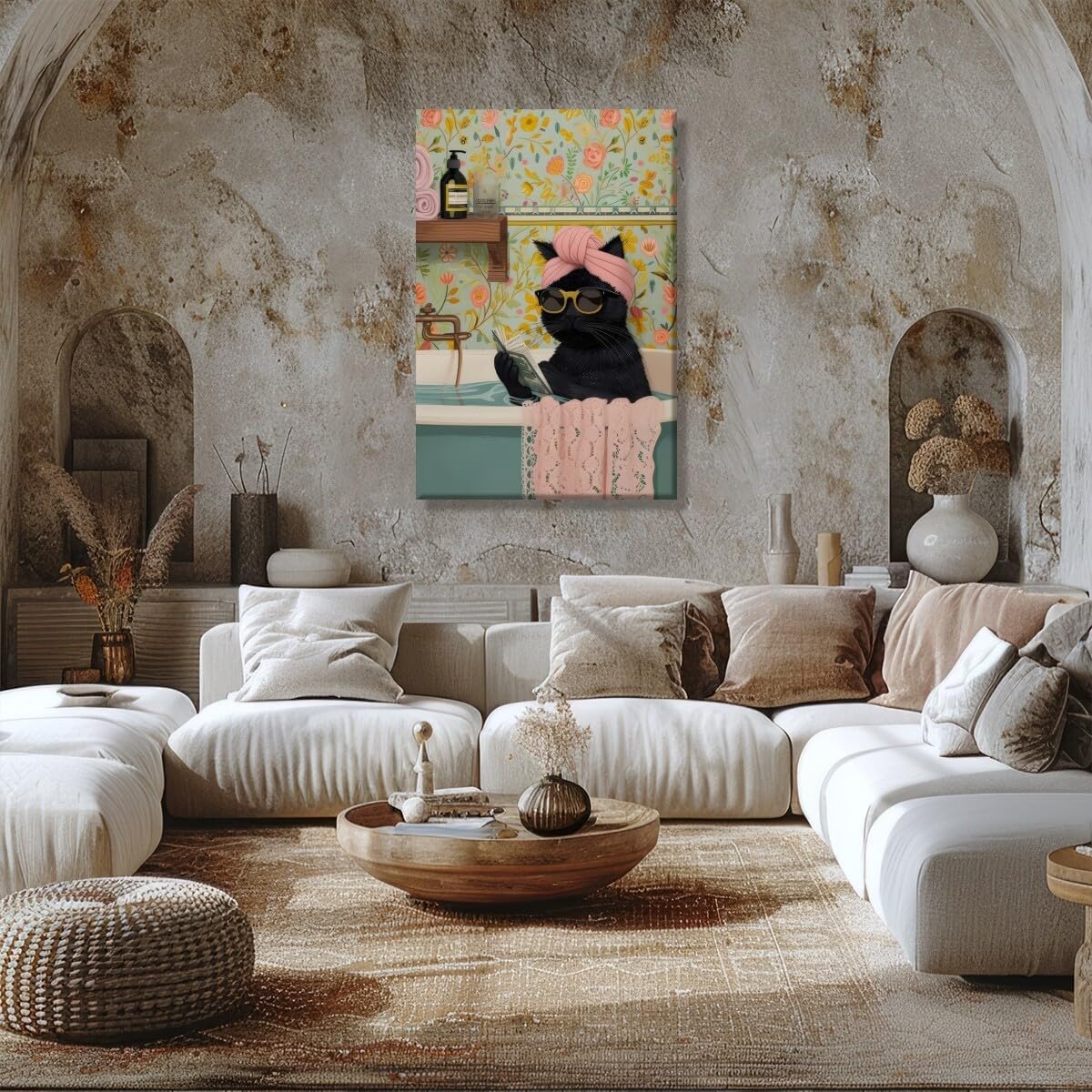 Funny Black Cat Bathroom Canvas Wall Art Cute Cat Reading a book in the Bathtub Poster Print Eclectic wall Decor Trendy Home Aesthetic Bathroom Toilet Decoration Unframed12x18inch