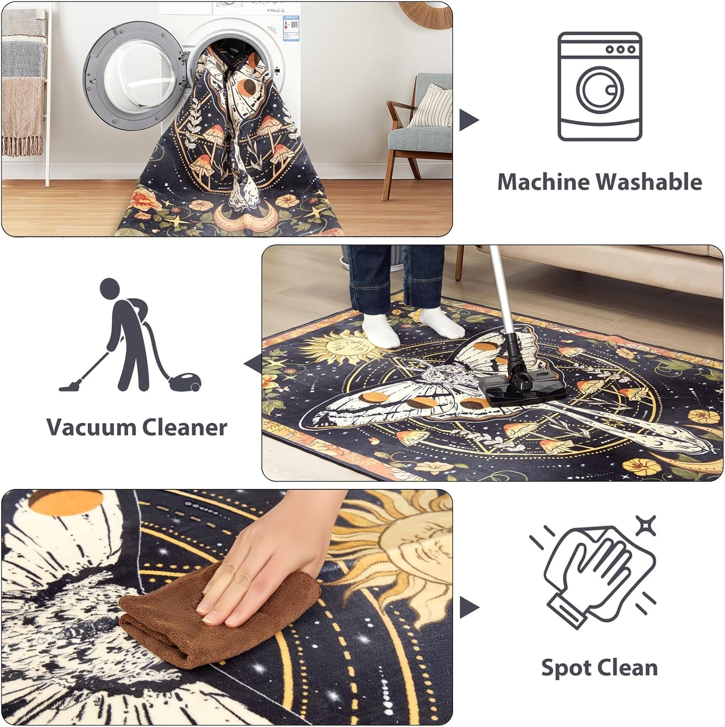 Washable Mystical Luna Moth Rugs Ultra Thin, Boho Moody Black Floral Aesthetic Bedroom Rugs Vintage Hippie Celestial Trendy Indie Dorm Rug, Retro Cute 4x6 Area Rug for Dining Living Room Entryway
