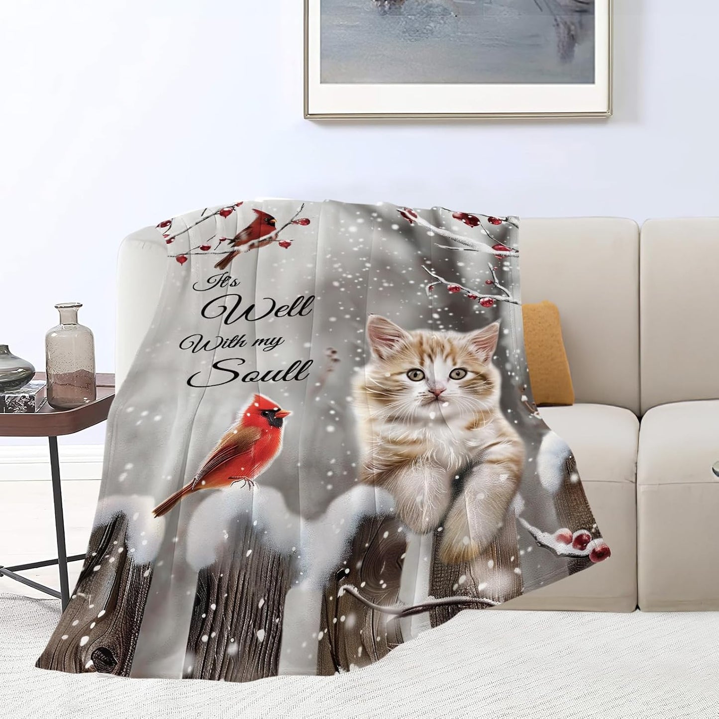 Cardinal Cat Blanket Christmas Decor Throw Blankets Cozy Fleece Flannel Soft Warm Plush Lightweight Bedding Blanket Cat Gifts for Women Cat Lover Men Adults Girls Boys for Couch Sofa Bed 40"X50"