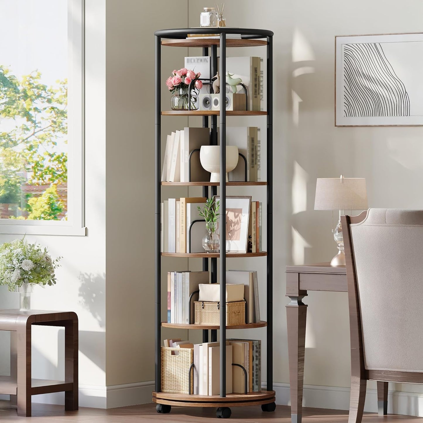 Rotating Bookshelf, 360° Spinning Bookshelf Tower, Display Revolving Bookcase, Round Book Shelf, Narrow Swivel Bookshelves for Small Space, Bedroom, Living Room, 6-Tier Rustic Brown, BC52101B