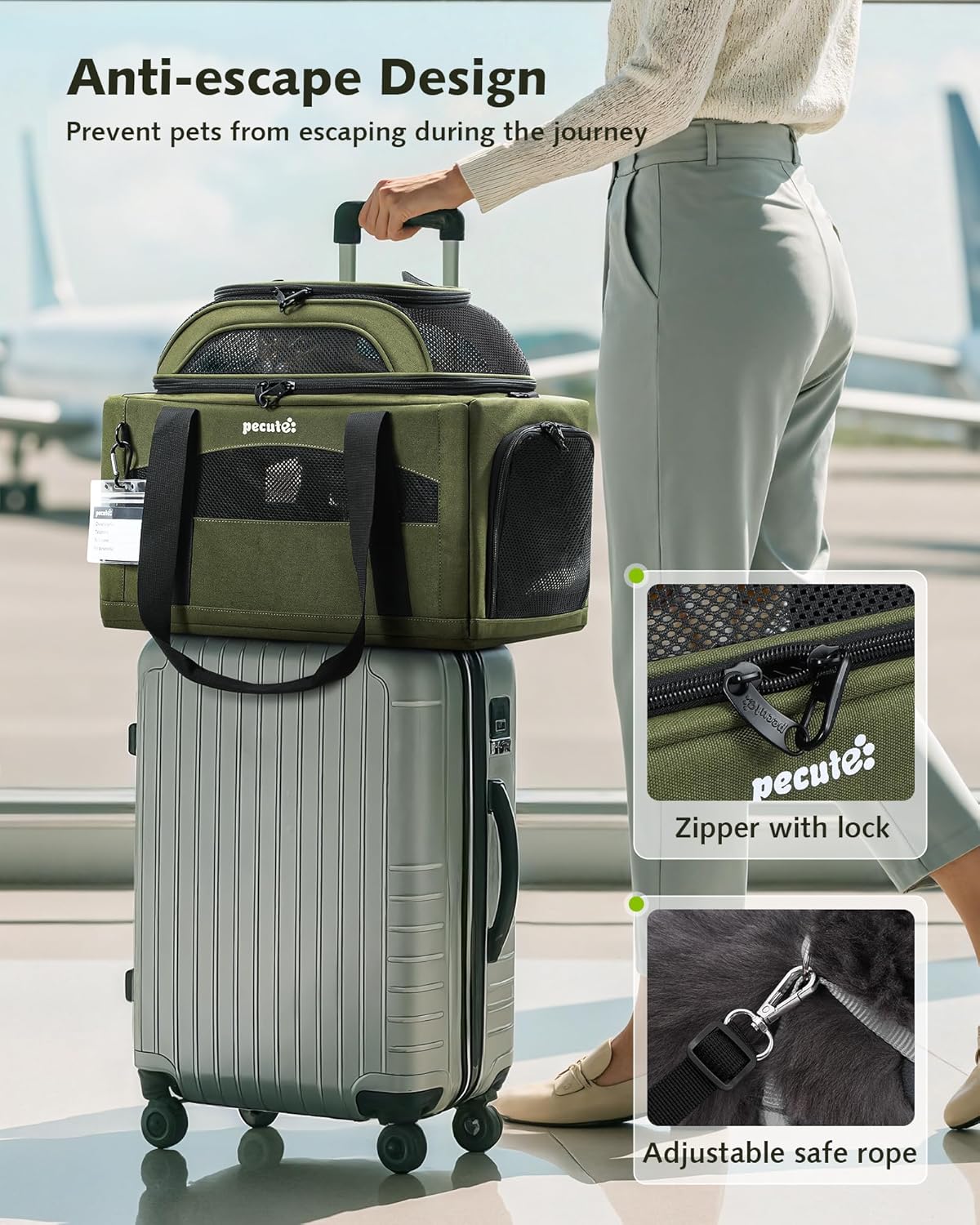 Pecute Expandable Pet Carrier Airline Approved Dog Cat Carrier, Breathable Soft-Sided with Locking Zippers, Pet Travel Bag for Small Dog Cat Anti-Scratch Mesh Leakproof Pee Pad (Dark Green)
