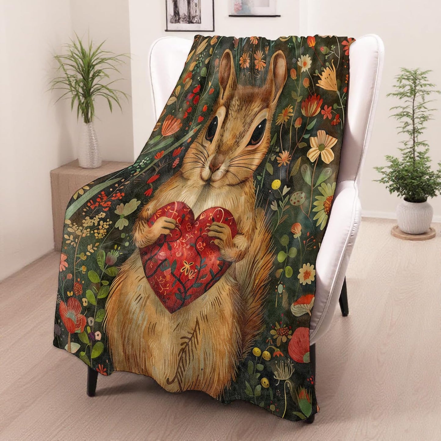 Squirrel Gifts, Squirrel with Heart Blanket for Adults Women Kids, 50x60 in, Cozy Fuzzy Warm Soft Throw Blankets for Bedroom, Camping, Couch, Decor