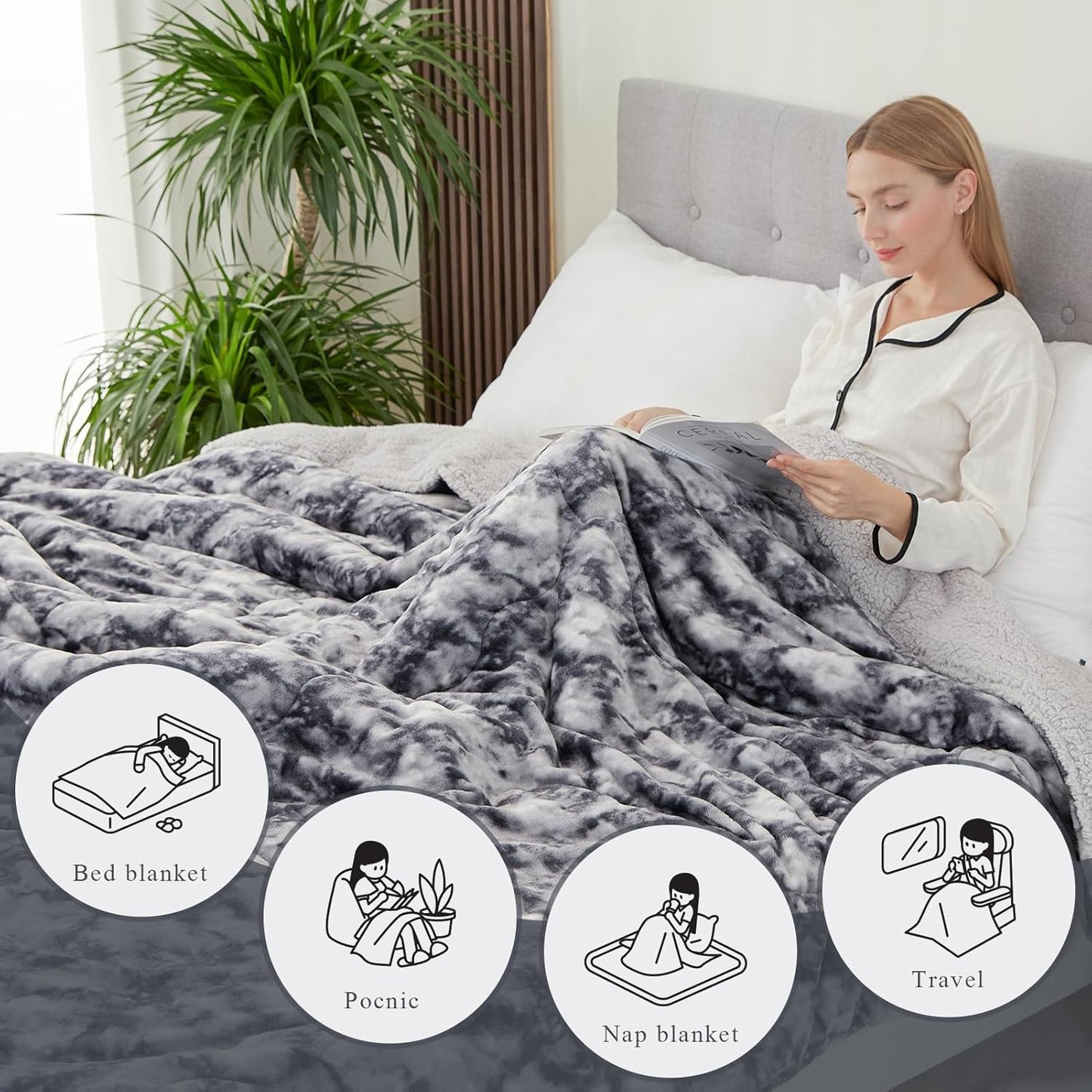 CHOSHOME Sherpa Fleece Throw Blanket- Thick and Warm Blanket for Winter, Soft Fuzzy Plush Queen Size Comforter for Bed - (90" x 90", Tie Dye Grey)