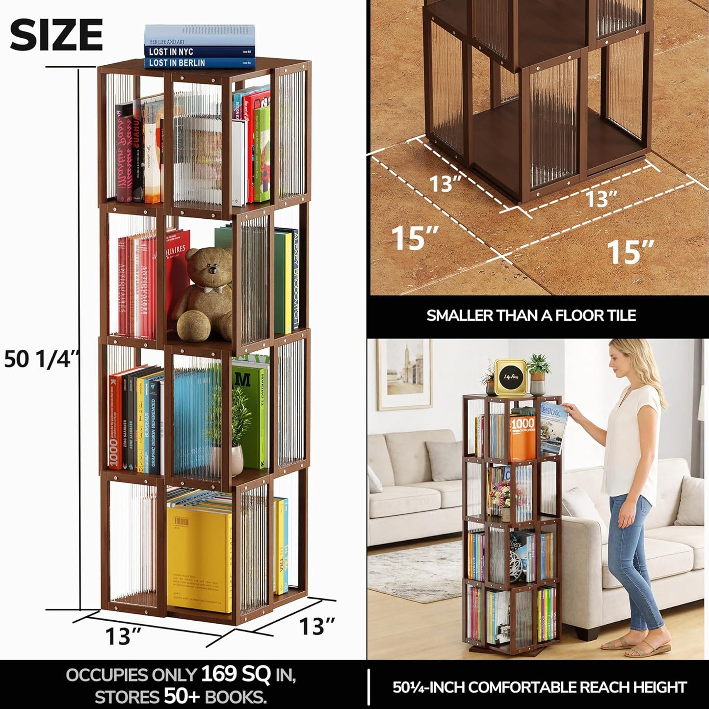 BAMEOS Rotating Bookshelf Tower 4 Tier, 360 Spinning Bookcase with Solid Wood Frame & Bamboo Finish, 4-Component Easy Assembly Corner Book Shelf for Small Spaces, Office, Bedroom, Living Room