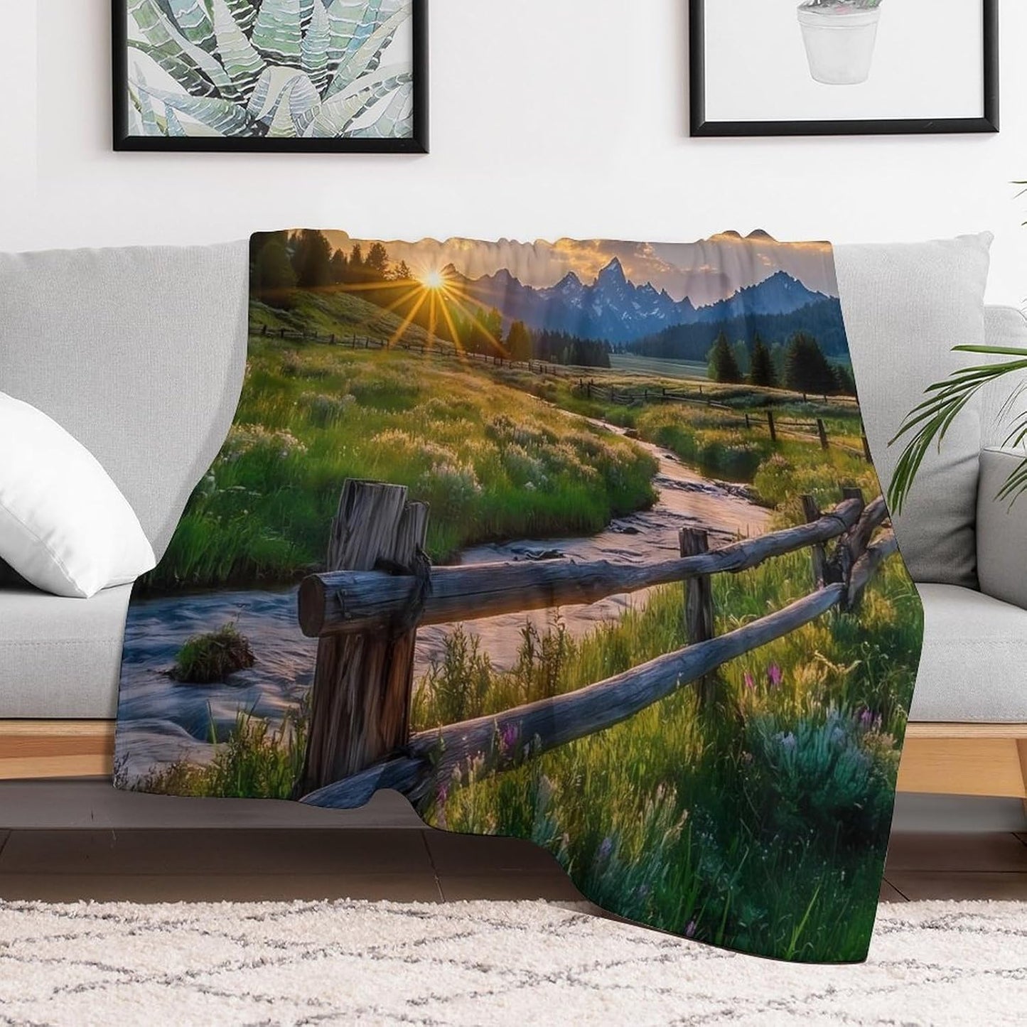 Sunset Grand Teton Landscape Throw Blanket for Couch Bed Plush Cozy Fuzzy Flannel Blanket for All Season 50"x60"