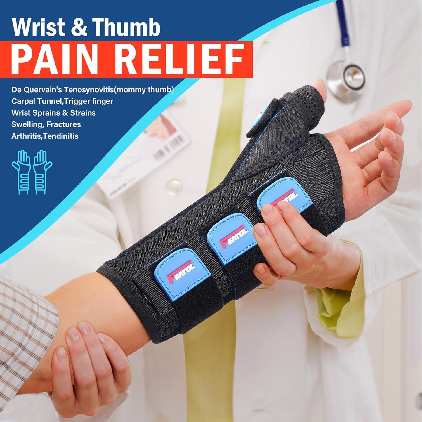 FEATOL 2 Pack Wrist Brace with Thumb Spica Splint for De Quervain's Tenosynovitis, Carpal Tunnel, Tendonitis, Arthritis-Thumb Brace for Pain Relief-Left And Right Hand-Small/Medium