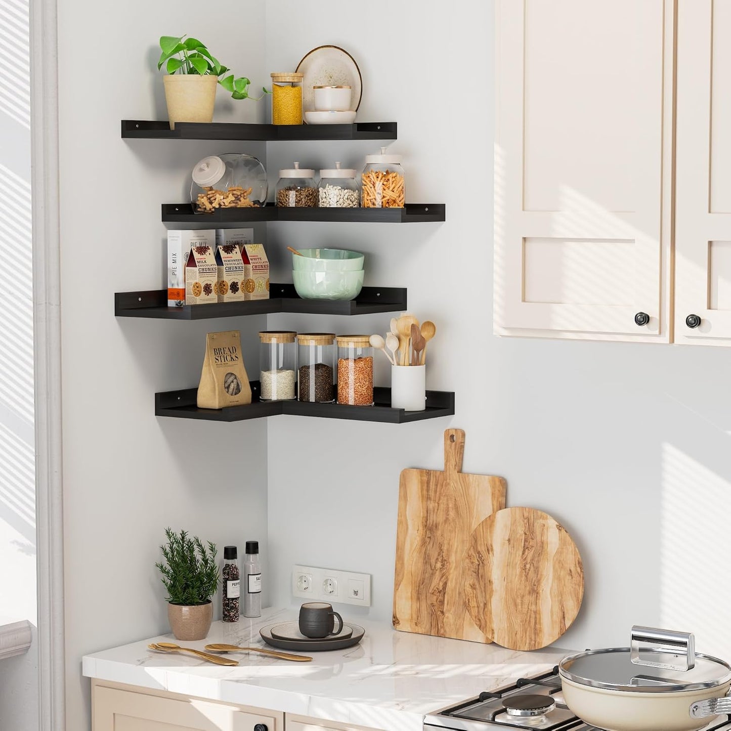 4-Tier L-Shaped Pine Wood Wall Shelf - Floating Corner Shelves with Lip, Black, Modern, Living Room, Bedroom, Bathroom Storage