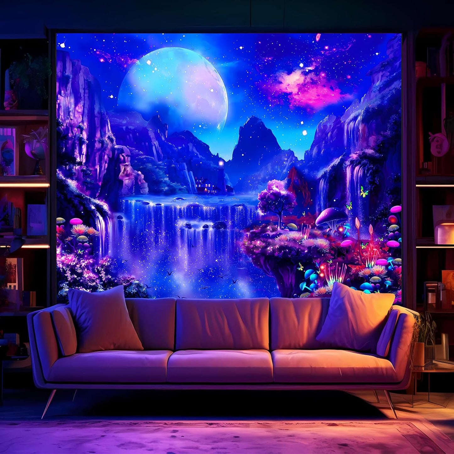 Avinyl Blacklight Space Tapestry for Bedroom, Black Light Moon and Mushroom Large Tapestries 60" x 79", Glow In The Dark Fantasy Waterfall Landscape Wall Hanging for Living Room Dorm Decor
