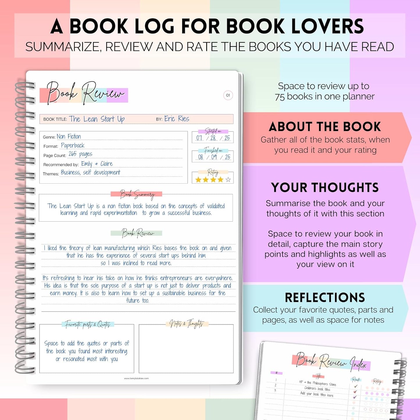 Reading Journal for Book Lovers | Log Book to Summarize, Review and Rate the Books you've Read | A5 (Rainbow)