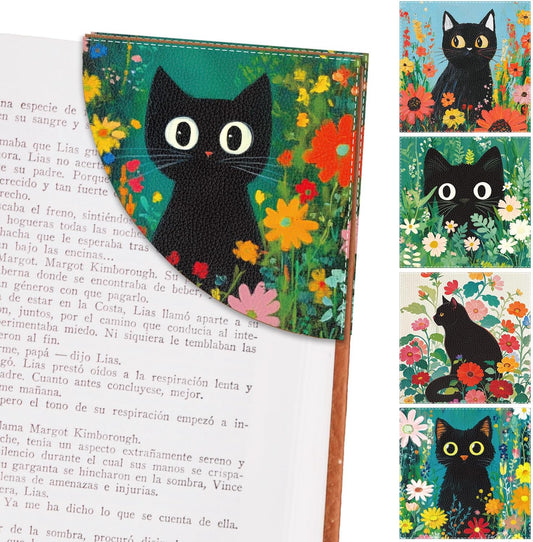 Black Cat Corner Bookmark - 4Pcs Black Cat Floral Leather Bookmark Animal Flower Plant Reading Book Page Markers for Women Men Book Lovers Reader Teacher Students Bookish Birthday Gifts